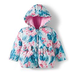 Babyhug Woven Full Sleeves Hooded Padded Jacket with Floral Print & Bow Applique - Pink & Blue