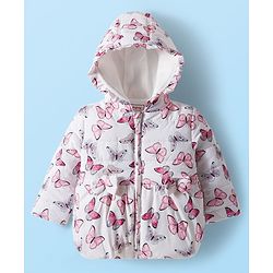 Babyhug Woven Full Sleeves Hooded Padded Jacket with Butterfly Print & Bow Applique - White