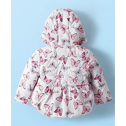 Babyhug Woven Full Sleeves Hooded Padded Jacket with Butterfly Print & Bow Applique - White