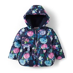 Babyhug Woven Full Sleeves Hooded Padded Jacket With Floral Print & Bow Applique - Navy Blue