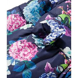 Babyhug Woven Full Sleeves Hooded Padded Jacket With Floral Print & Bow Applique - Navy Blue