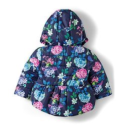 Babyhug Woven Full Sleeves Hooded Padded Jacket With Floral Print & Bow Applique - Navy Blue