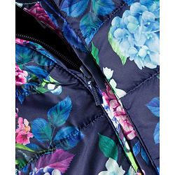 Babyhug Woven Full Sleeves Hooded Padded Jacket With Floral Print & Bow Applique - Navy Blue