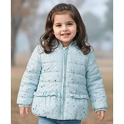 Babyhug Woven Full Sleeves Hooded Padded Jacket With Foil Star Print - Aqua Blue
