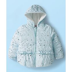 Babyhug Woven Full Sleeves Hooded Padded Jacket With Foil Star Print - Aqua Blue