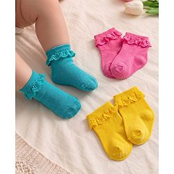 Cute Walk by Babyhug Knit Ankle Length Socks with 3D Lace Detailing Pack of 3 - Multicolor