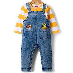 Babyhug Denim Dungaree & Single Jersey Knit Full Sleeves Striped Inner Tee With Animal Embroidery - Blue Yellow & White
