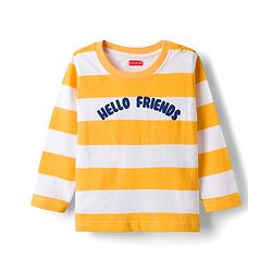 Babyhug Denim Dungaree & Single Jersey Knit Full Sleeves Striped Inner Tee With Animal Embroidery - Blue Yellow & White