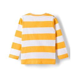 Babyhug Denim Dungaree & Single Jersey Knit Full Sleeves Striped Inner Tee With Animal Embroidery - Blue Yellow & White