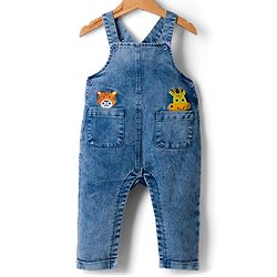 Babyhug Denim Dungaree & Single Jersey Knit Full Sleeves Striped Inner Tee With Animal Embroidery - Blue Yellow & White
