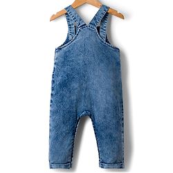 Babyhug Denim Dungaree & Single Jersey Knit Full Sleeves Striped Inner Tee With Animal Embroidery - Blue Yellow & White