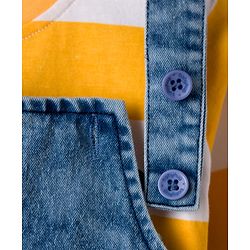 Babyhug Denim Dungaree & Single Jersey Knit Full Sleeves Striped Inner Tee With Animal Embroidery - Blue Yellow & White
