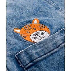 Babyhug Denim Dungaree & Single Jersey Knit Full Sleeves Striped Inner Tee With Animal Embroidery - Blue Yellow & White