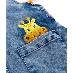 Babyhug Denim Dungaree & Single Jersey Knit Full Sleeves Striped Inner Tee With Animal Embroidery - Blue Yellow & White