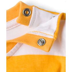 Babyhug Denim Dungaree & Single Jersey Knit Full Sleeves Striped Inner Tee With Animal Embroidery - Blue Yellow & White