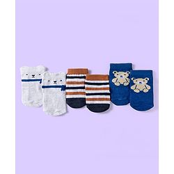 Cute Walk by Babyhug Knit Ankle Length Anti Bacterial Socks with Teddy & Stripe Design Pack of 3 - Navy Blue & White