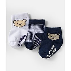 Cute Walk by Babyhug Knit Ankle Length Anti Bacterial Anti Skid Socks with Stripes & Animal Design Pack of 3 - White & Navy Blue