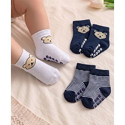 Cute Walk by Babyhug Knit Ankle Length Anti Bacterial Anti Skid Socks with Stripes & Animal Design Pack of 3 - White & Navy Blue