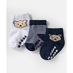 Cute Walk by Babyhug Knit Ankle Length Anti Bacterial Anti Skid Socks with Stripes & Animal Design Pack of 3 - White & Navy Blue