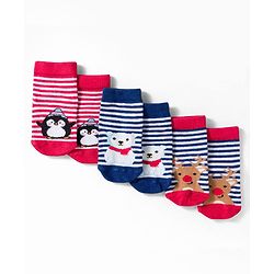 Cute Walk by Babyhug Knit Ankle Length Anti Bacterial Socks with Stripes & Animal Design Pack of 3 - Red & Navy Blue