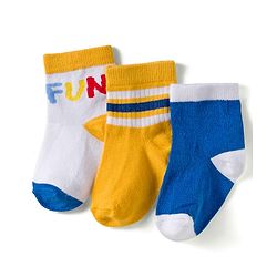Cute Walk by Babyhug Knit Ankle Length Anti Bacterial Socks with Fun & Stripe Design Pack of 3 -Yellow  Blue & White