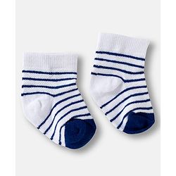 Cute Walk by Babyhug Knit Ankle Length Anti Bacterial Socks with Stripes & Vehicle Design Pack of 3 - White & Navy Blue