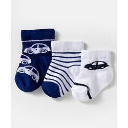 Cute Walk by Babyhug Knit Ankle Length Anti Bacterial Socks with Stripes & Vehicle Design Pack of 3 - White & Navy Blue