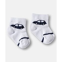 Cute Walk by Babyhug Knit Ankle Length Anti Bacterial Socks with Stripes & Vehicle Design Pack of 3 - White & Navy Blue