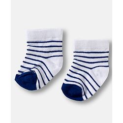 Cute Walk by Babyhug Knit Ankle Length Anti Bacterial Socks with Stripes & Vehicle Design Pack of 3 - White & Navy Blue