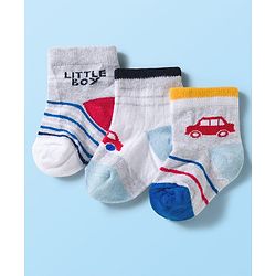 Cute Walk by Babyhug Knit Ankle Length Anti Bacterial Socks with Stripes & Car Design Pack of 3 - Multicolor