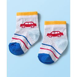 Cute Walk by Babyhug Knit Ankle Length Anti Bacterial Socks with Stripes & Car Design Pack of 3 - Multicolor