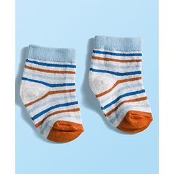 Cute Walk by Babyhug Knit Ankle Length Anti Bacterial Socks with Stripes & Text Design Pack of 3 - White & Light Blue