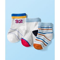 Cute Walk by Babyhug Knit Ankle Length Anti Bacterial Socks with Stripes & Text Design Pack of 3 - White & Light Blue