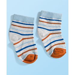 Cute Walk by Babyhug Knit Ankle Length Anti Bacterial Socks with Stripes & Text Design Pack of 3 - White & Light Blue