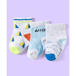 Cute Walk by Babyhug Knit Ankle Length Anti Bacterial Socks with Abstract & Ahoy Text Design Pack of 3 -Light Blue & White