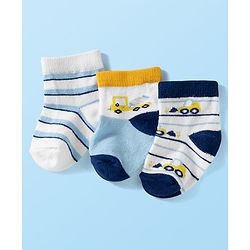 Cute Walk by Babyhug Knit Ankle Length Anti Bacterial Socks with Stripes & Vehicle Design Pack of 3 - White Navy Blue & Light Blue