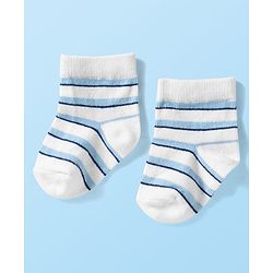Cute Walk by Babyhug Knit Ankle Length Anti Bacterial Socks with Stripes & Vehicle Design Pack of 3 - White Navy Blue & Light Blue