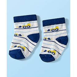 Cute Walk by Babyhug Knit Ankle Length Anti Bacterial Socks with Stripes & Vehicle Design Pack of 3 - White Navy Blue & Light Blue