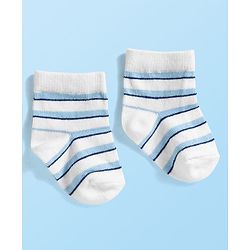 Cute Walk by Babyhug Knit Ankle Length Anti Bacterial Socks with Stripes & Vehicle Design Pack of 3 - White Navy Blue & Light Blue