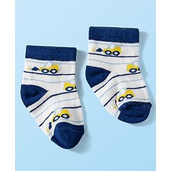 Cute Walk by Babyhug Knit Ankle Length Anti Bacterial Socks with Stripes & Vehicle Design Pack of 3 - White Navy Blue & Light Blue