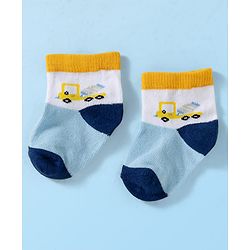 Cute Walk by Babyhug Knit Ankle Length Anti Bacterial Socks with Stripes & Vehicle Design Pack of 3 - White Navy Blue & Light Blue