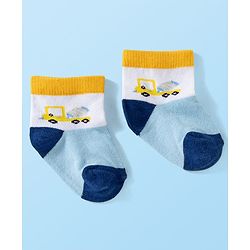 Cute Walk by Babyhug Knit Ankle Length Anti Bacterial Socks with Stripes & Vehicle Design Pack of 3 - White Navy Blue & Light Blue