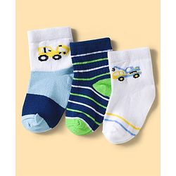 Cute Walk by Babyhug Knit Ankle Length Anti Bacterial Socks with Stripes & Vehicle Design Pack of 3 - Multicolor