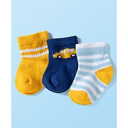 Cute Walk by Babyhug Knit Ankle Length Anti Bacterial Socks with Stripes & Vehicle Design Pack of 3 - Navy Blue & Light Blue