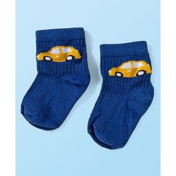 Cute Walk by Babyhug Knit Ankle Length Anti Bacterial Socks with Stripes & Vehicle Design Pack of 3 - Navy Blue & Light Blue