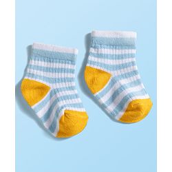 Cute Walk by Babyhug Knit Ankle Length Anti Bacterial Socks with Stripes & Vehicle Design Pack of 3 - Navy Blue & Light Blue