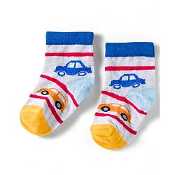 Cute Walk by Babyhug Knit Ankle Length Anti Bacterial Socks with Vehicle Design Pack of 3 - Red & Light Blue
