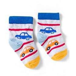 Cute Walk by Babyhug Knit Ankle Length Anti Bacterial Socks with Vehicle Design Pack of 3 - Red & Light Blue