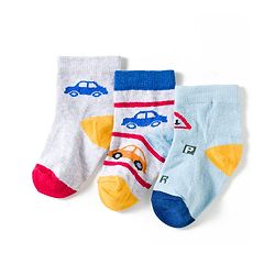 Cute Walk by Babyhug Knit Ankle Length Anti Bacterial Socks with Vehicle Design Pack of 3 - Red & Light Blue