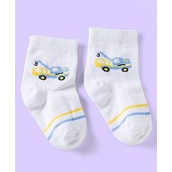 Cute Walk by Babyhug Knit Ankle Length Anti Bacterial Socks with Vehicle & Stripes Pack of 3 - White & Blue